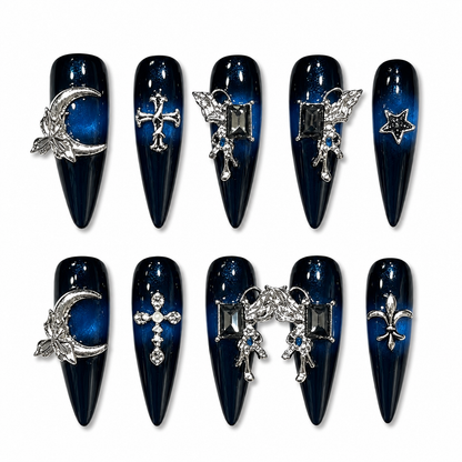 Midnight Witchmoon - Blue Galaxy Gothic Stiletto Press On Nails