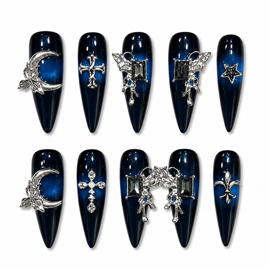 Midnight Witchmoon - Blue Galaxy Gothic Stiletto Press On Nails