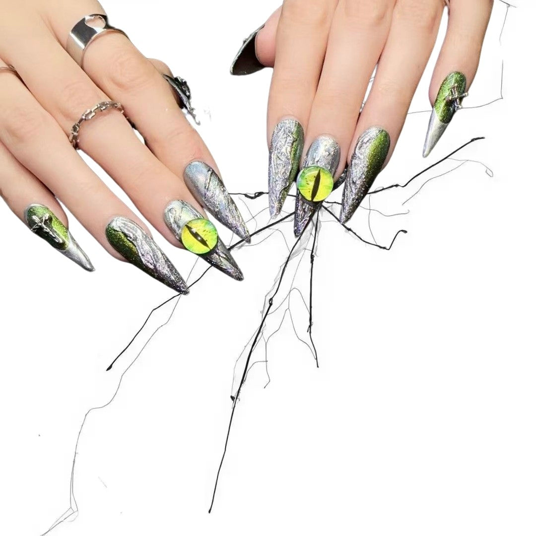 Gorgon Gaze - Green Cat Eye Gothic Stiletto Press On Nails