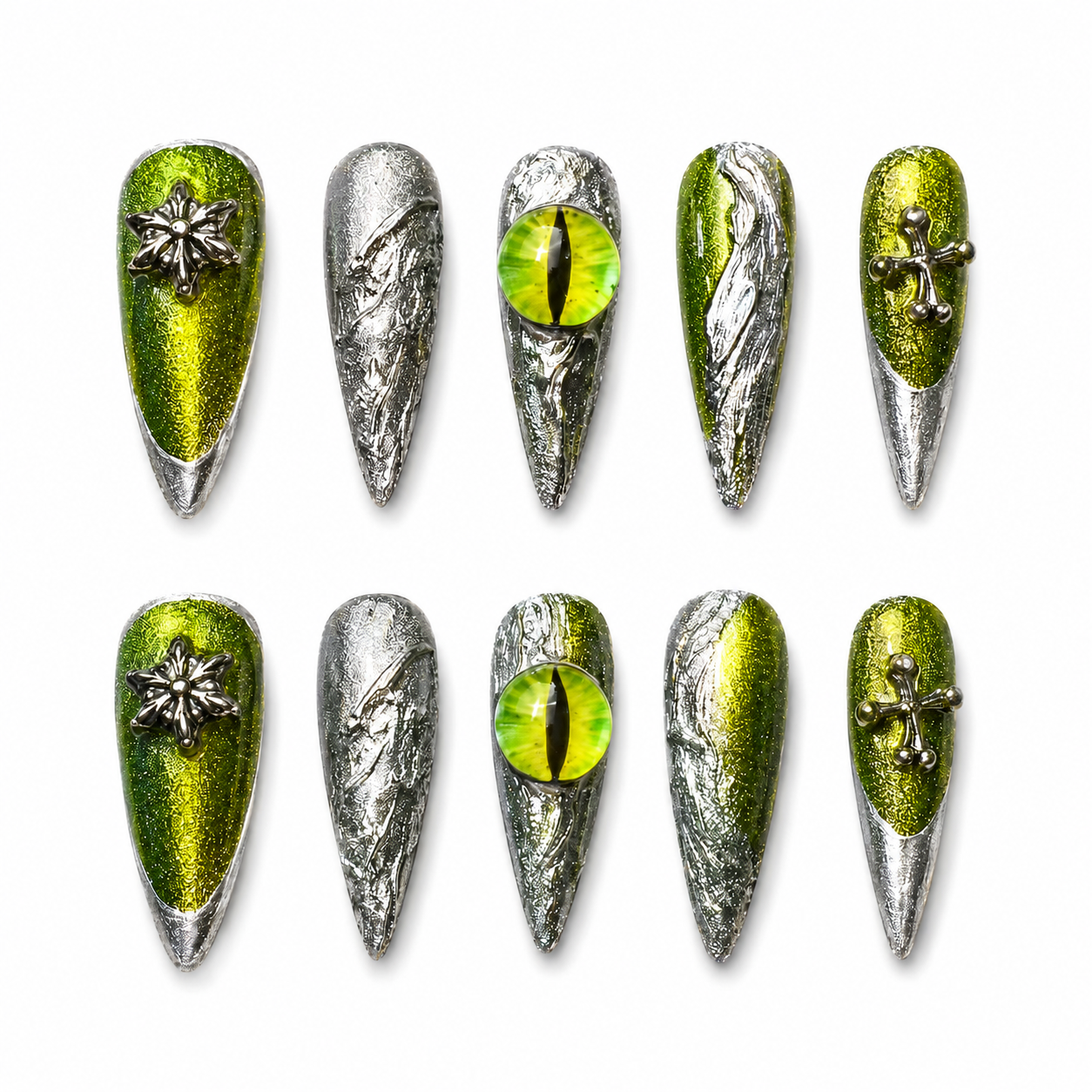 Gorgon Gaze - Green Cat Eye Gothic Stiletto Press On Nails