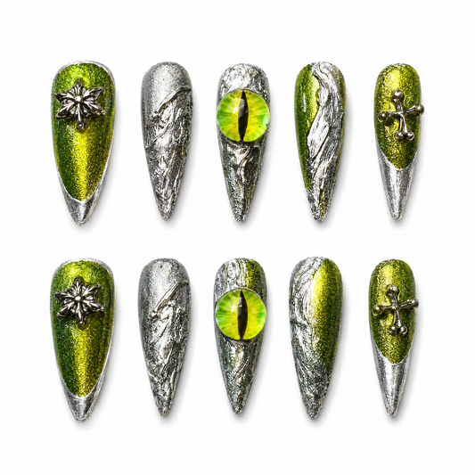 Gorgon Gaze - Green Cat Eye Gothic Stiletto Press On Nails