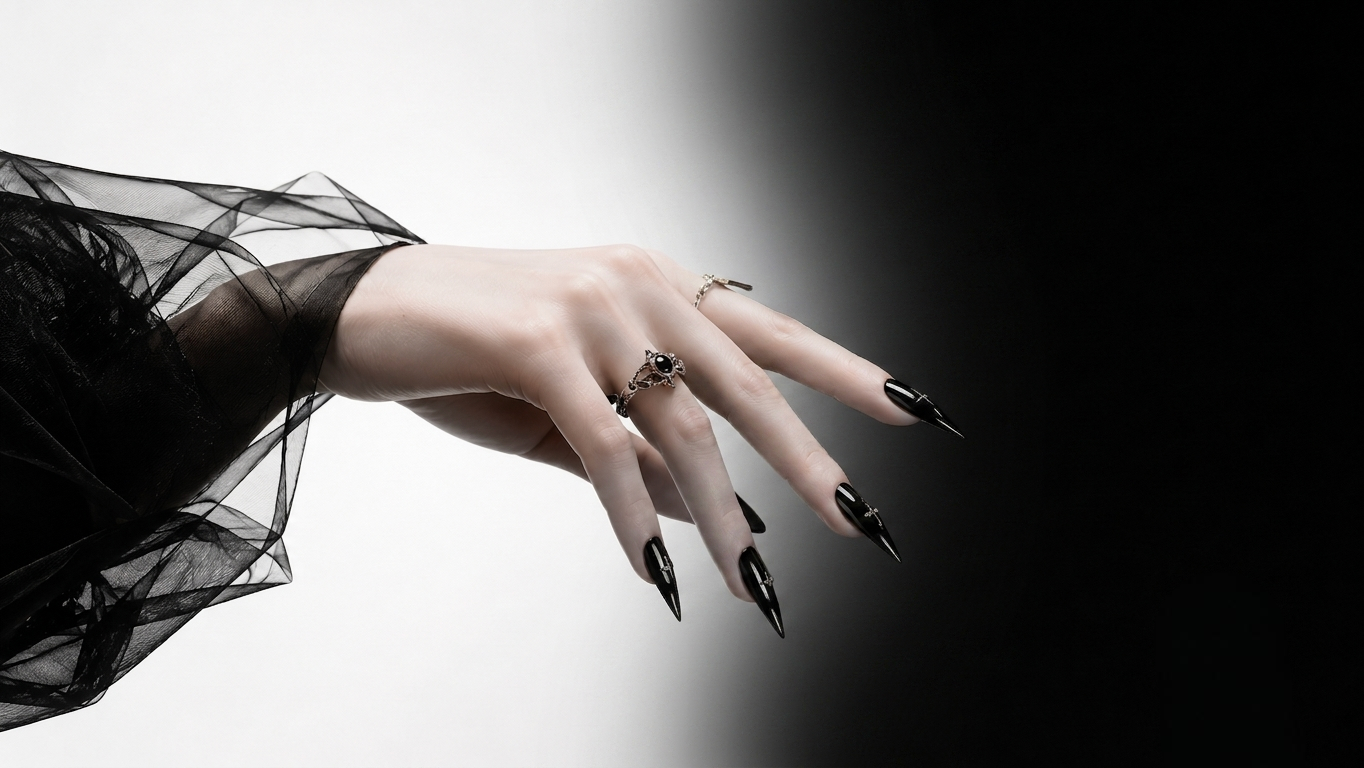Model wearing black gothic press-on nails with dark lace styling