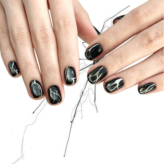 Obsidian Vein - Black Silver Cat Eye Gothic Square Press On Nails