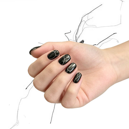 Obsidian Vein - Black Silver Cat Eye Gothic Square Press On Nails