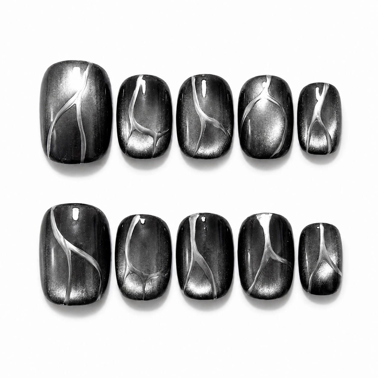 Obsidian Vein - Black Silver Cat Eye Gothic Square Press On Nails