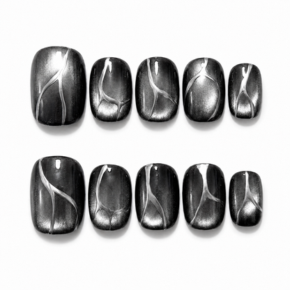 Obsidian Vein - Black Silver Cat Eye Gothic Square Press On Nails