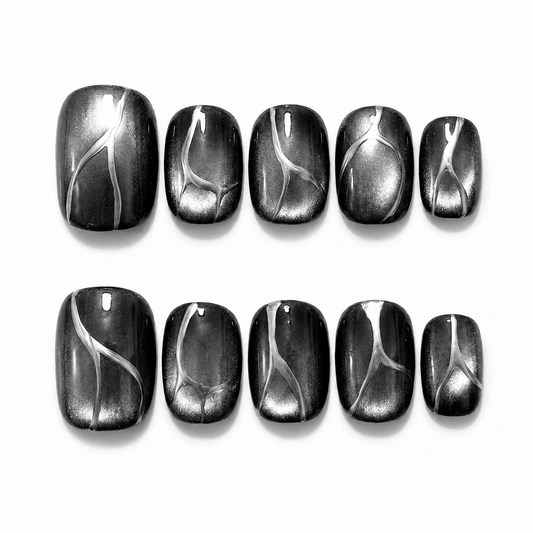 Obsidian Vein - Black Silver Cat Eye Gothic Square Press On Nails