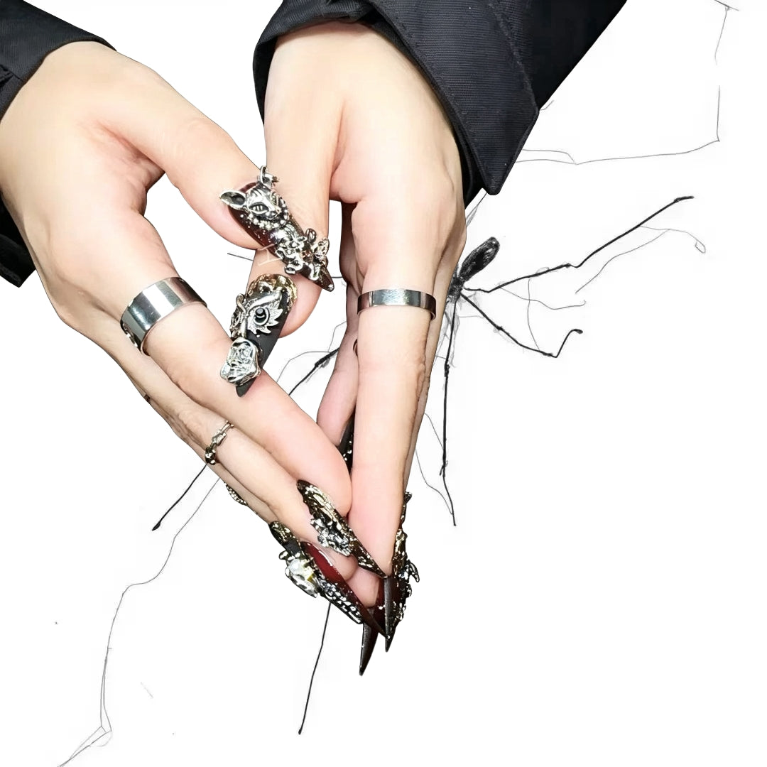 Dark Forest Relic - Vintage Metal Charm Gothic Stiletto Press On Nails