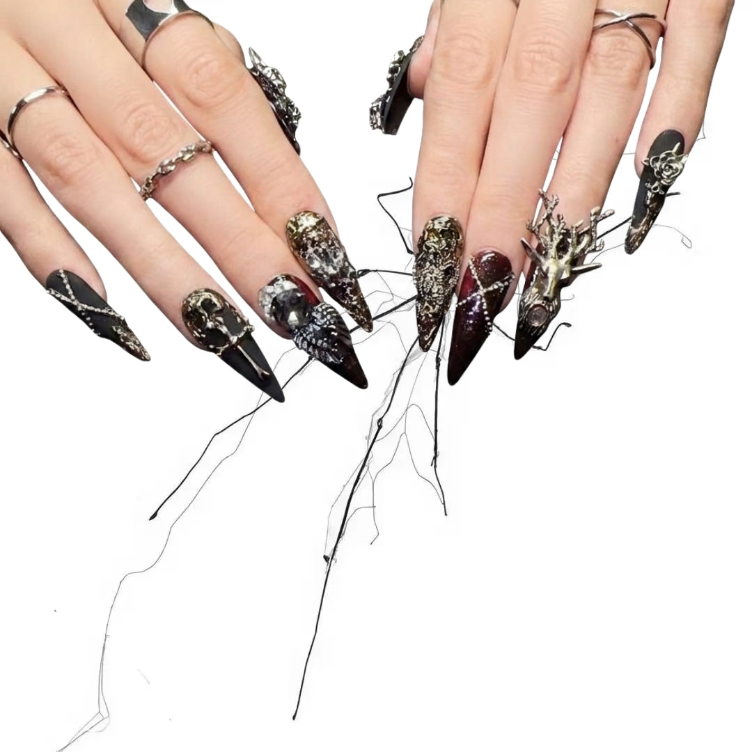 Dark Forest Relic - Vintage Metal Charm Gothic Stiletto Press On Nails