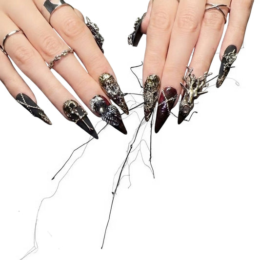 Dark Forest Relic - Vintage Metal Charm Gothic Stiletto Press On Nails