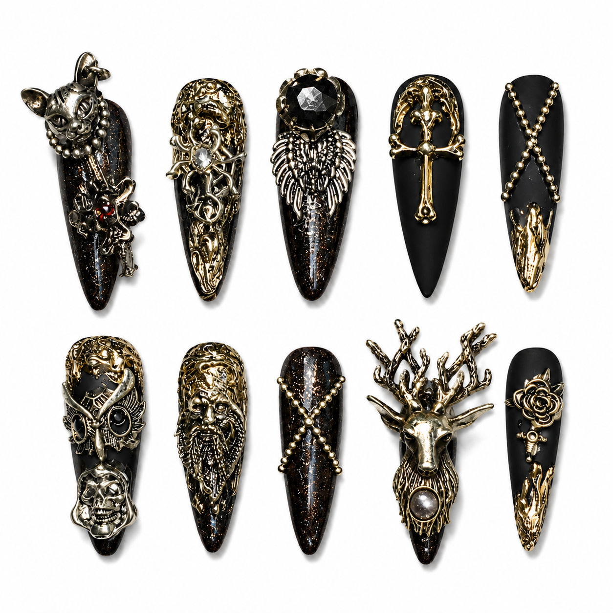 Dark Forest Relic - Vintage Metal Charm Gothic Stiletto Press On Nails