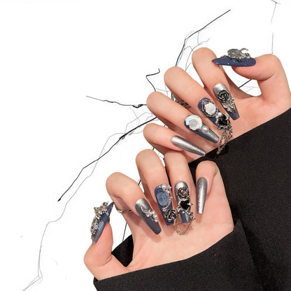 Lunar Blue Noir - Holographic Moon Chain Gothic Coffin Press On Nails