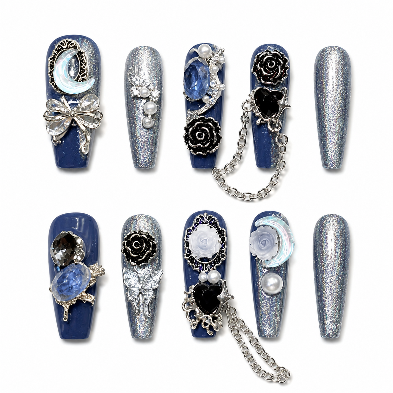 Lunar Blue Noir - Holographic Moon Chain Gothic Coffin Press On Nails