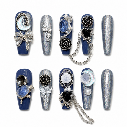 Lunar Blue Noir - Holographic Moon Chain Gothic Coffin Press On Nails