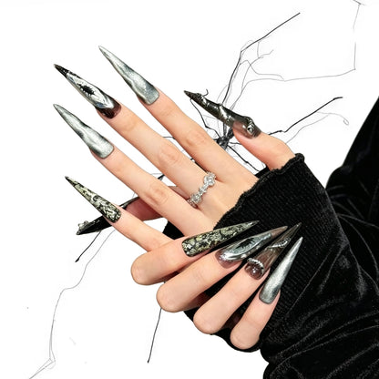 Silver Serpent - Metallic Snake Gothic Stiletto Press On Nails