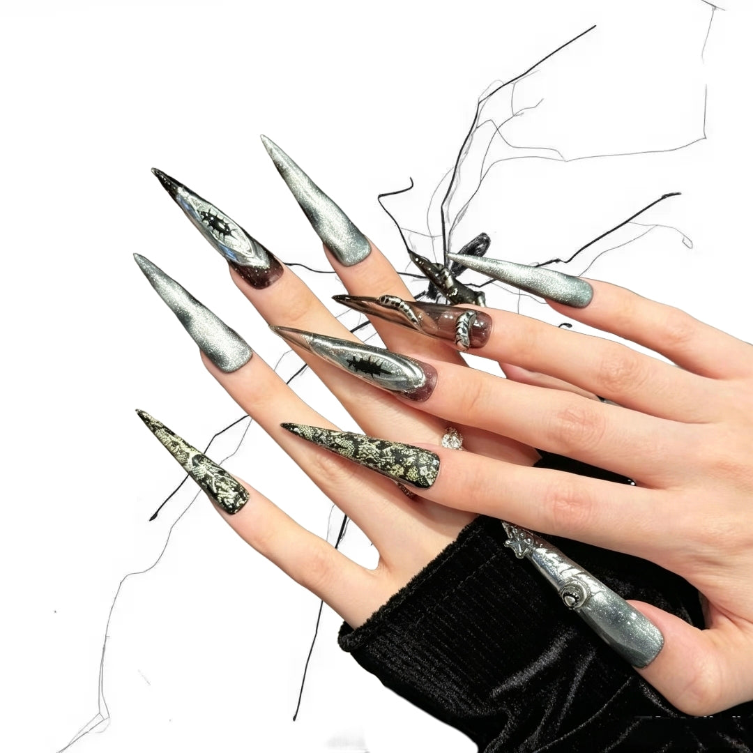Silver Serpent - Metallic Snake Gothic Stiletto Press On Nails