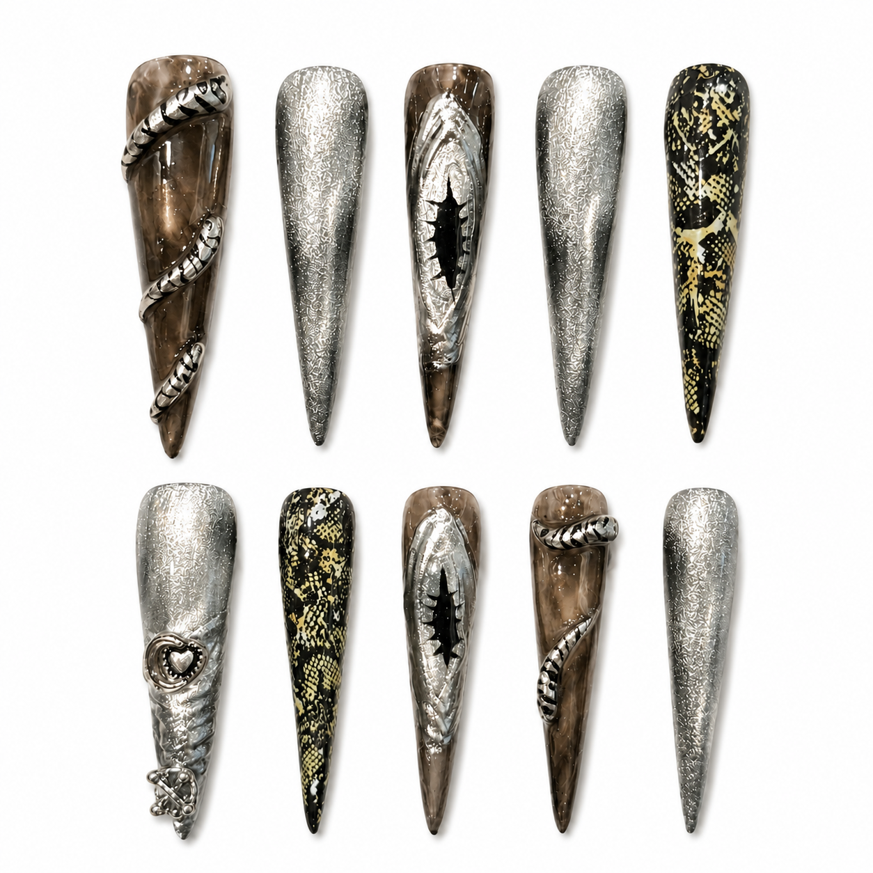 Silver Serpent - Metallic Snake Gothic Stiletto Press On Nails