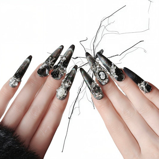 Noir Cameo - Black Rose Pearl Gothic Stiletto Press On Nails