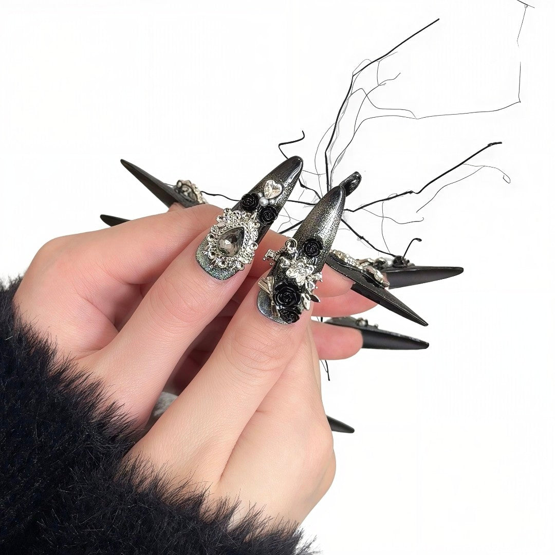 Noir Cameo - Black Rose Pearl Gothic Stiletto Press On Nails
