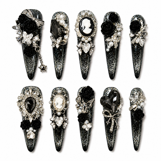 Noir Cameo - Black Rose Pearl Gothic Stiletto Press On Nails